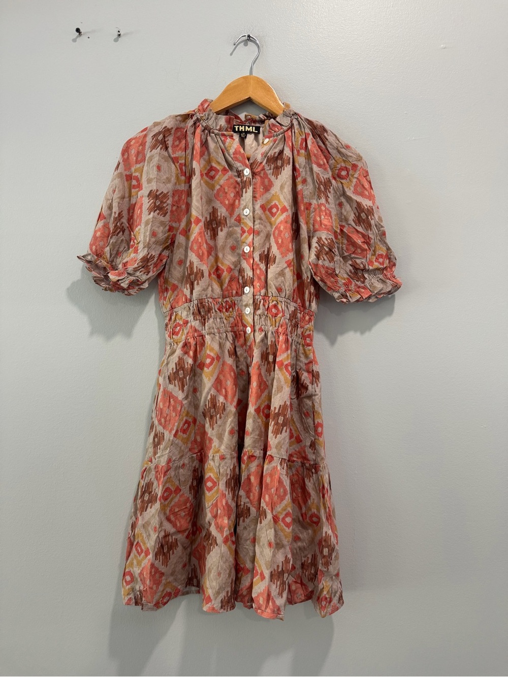 THML Coral and Tan Geo-Print Button Midi Dress